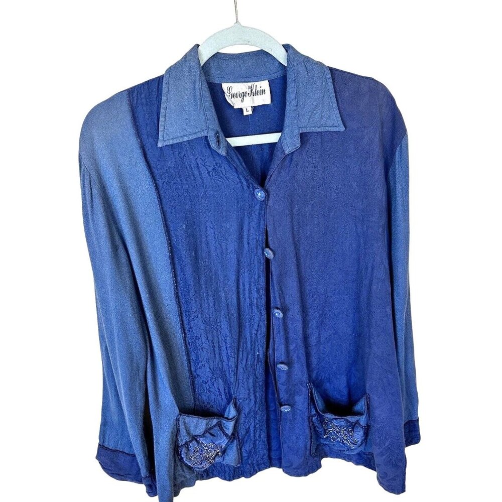 Vintage George Klein Womens 100% Blue Cotton Button Up Art to Wear Shirt Large
